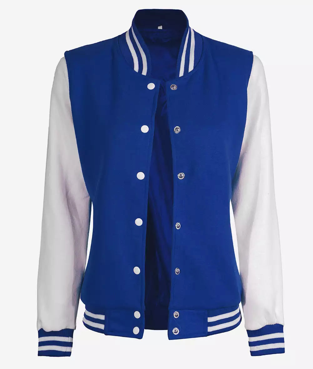 Women’s White and Royal Blue Varsity Jacket – Baseball Style Bomber
